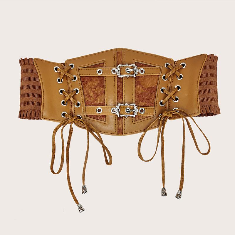 Lace Corset Punk Black Wide Belt With Chain Pu Leather Slimming Body Belts for Women Elastic High Waist Belt Female Cummerbunds