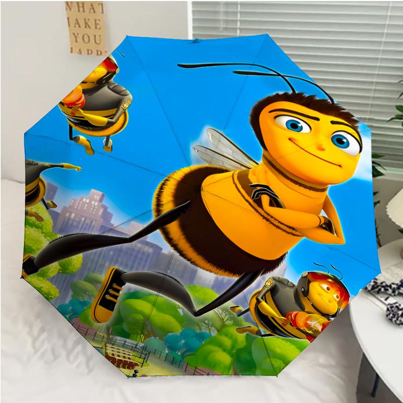 Bee Movie Print Automatic Umbrella, 8 Rib Iron Frame, Plastic Handle, Suitable for Outdoor Travel &Daily , Ideal Gift