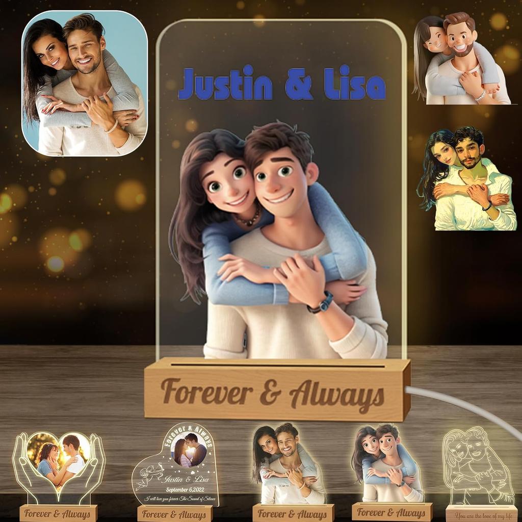 Personalized Night Light Custom Light Up Picture Frame Acrylic Custom Cartoon Style 3D Acrylic Lamp with Photo Text Engraved Customized Photo Gifts