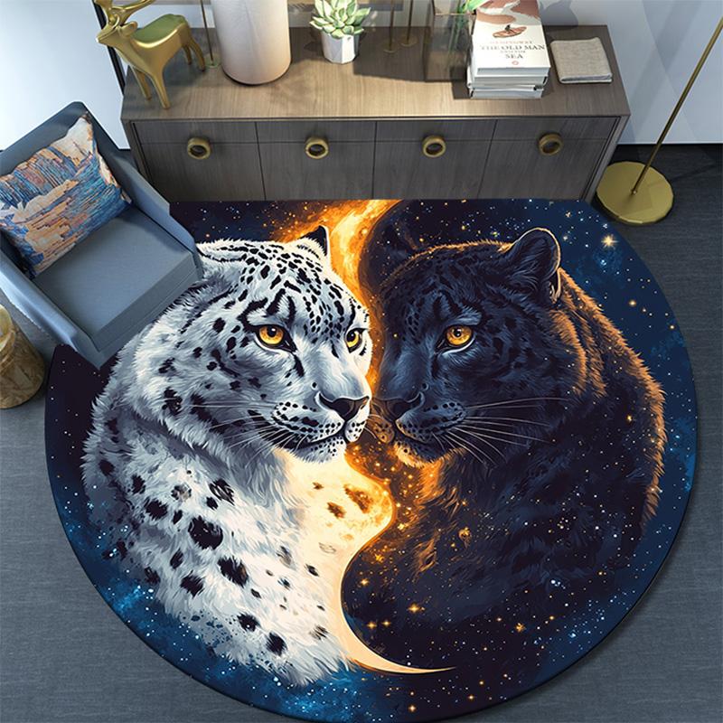 Snow Leopard Round Area Rug,Carpet Rug for Living Room Bedroom Sofa Playroom Decor,Non-slip Floor Mat