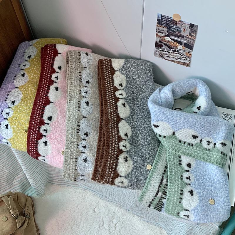 Luochi Sweet Sheep Knit Scarf: Cozy Jacquard Neck Gaiter for Autumn/Winter, Perfect for Students and Couples