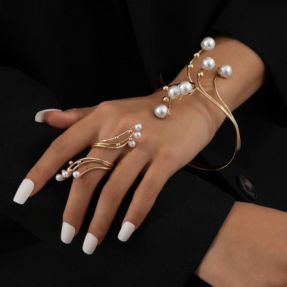 Imitation Pearl Open Arm Bangle Adjustable Armband Vintage Bracelet Ring Set Arm Accessories