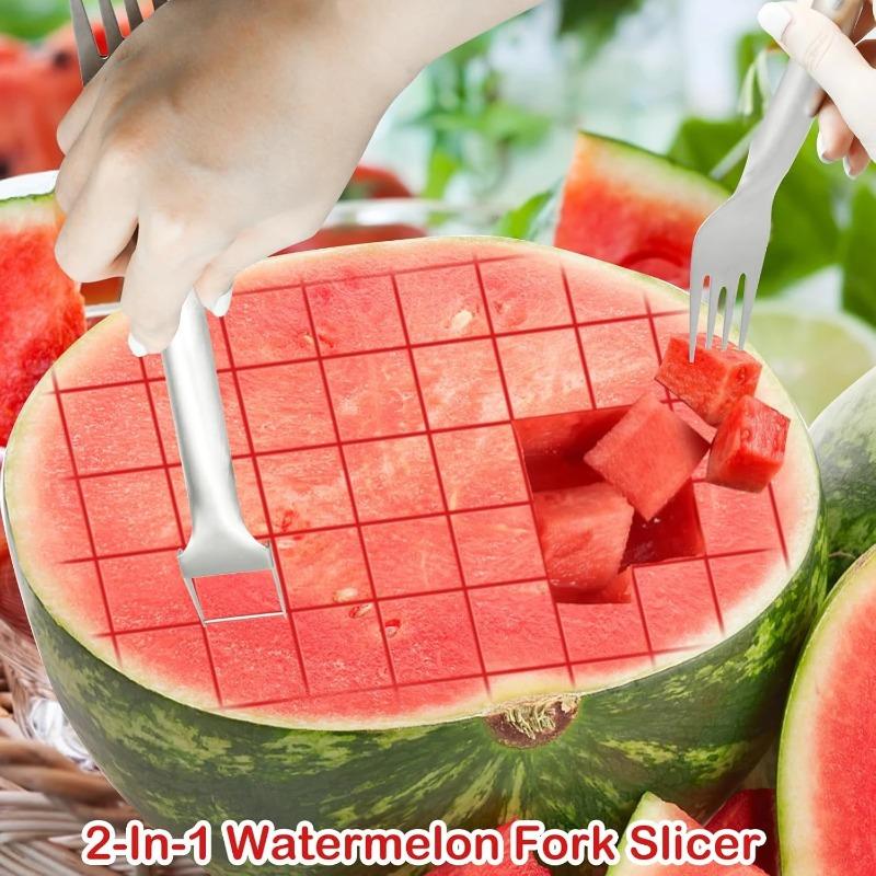 Kitchen Watermelon Fork Slicer - Stainless Steel 2-in-1, Portable Watermelon Fork, Watermelon Slicer Tool, Fruit Cutting Gadget