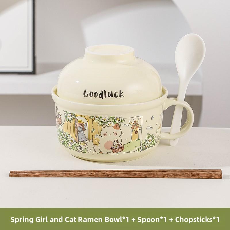 Ceramic Instant Noodles Bowl with Lid And Handle Dormitory Student Microwave Safe Soup Bowl Personal Special Bowl Cartoon Design