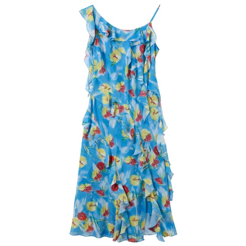 San Cai 2026 Autumn Ruffle Strap Floral Bias Cut A-line Long Dress S