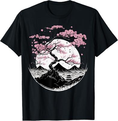 Japanese Cherry Garden Geisha Cherry Blossom Tshirt Women Womens Shortsleeved Round Neck Autumn and Winter Comfort Top