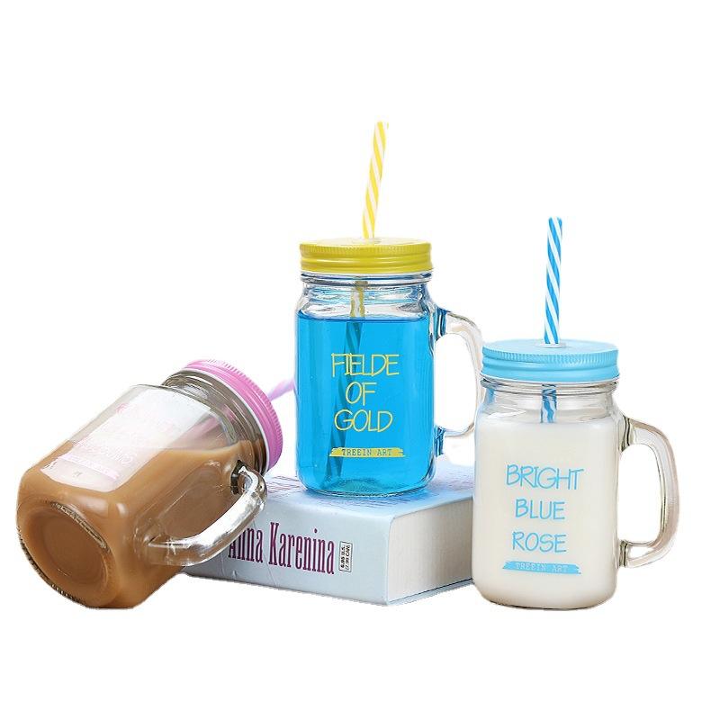 Creative Straw Cup, Glass Cup, English Rooster Cup, Handle Cup, Milk Tea Bottle, Beverage Bottle, Mason Cup with Lid