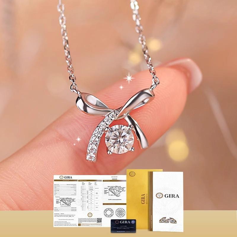 Bow Knot Pendant Necklace Women With 1 Carat Moissanite Zirconia Lightweight Luxury Minimalist Design 925 Sterling Silver