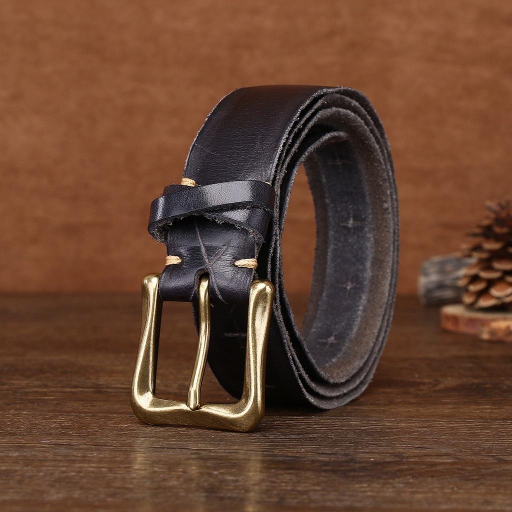 3.4Cm Genuine Leather Belt, Men And Women, The First Layer Of Cowhide Pure Copper Buckle, Retro Washing, Personalized Fashion And Simplicity,