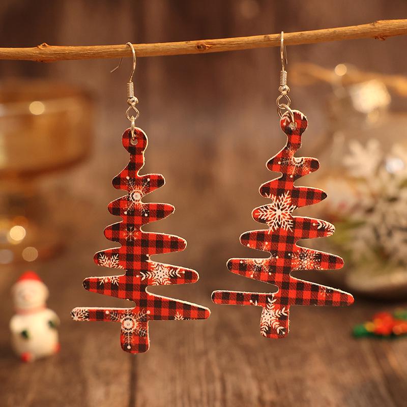 Neue Weihnachts-Schneeflocken-Plaid-Kiefernzapfen-Lederohrringe