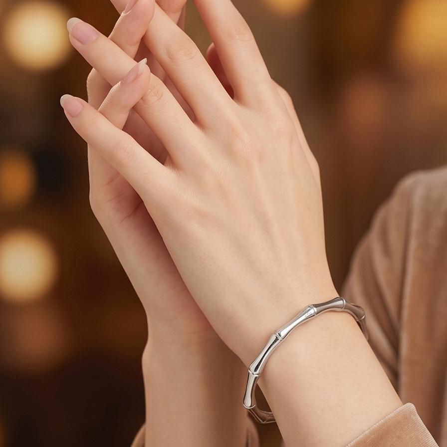 2026 Stainless Steel  Bamboo Polished Open Bracelet, 18K Gold-Plated Jewelry
