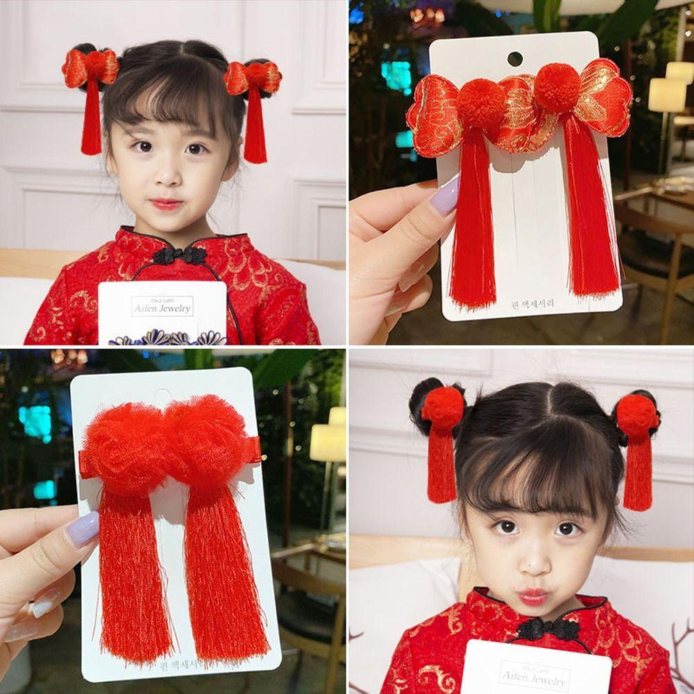 New Year Plush Ball Children Barrettes Duckbill Clips Chinese Hanfu Hair Clips Festival Hairpins