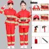 Dziecięcy strój strażaka do przebierania czerwony poliestrowy zestaw kostiumowy strażaka z paskiem i czapką z daszkiem