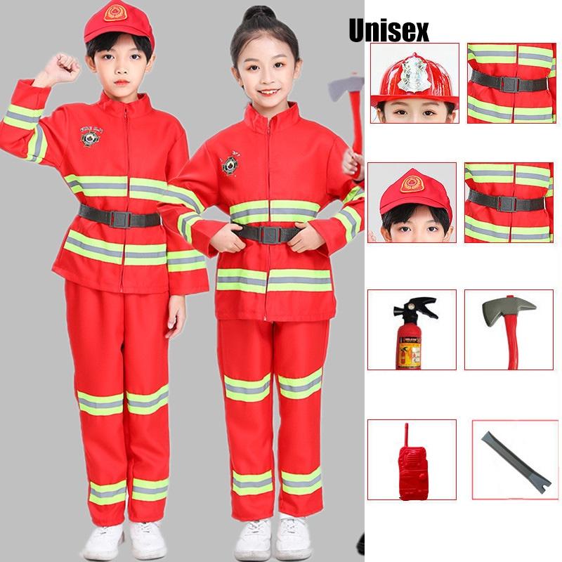 Dziecięcy strój strażaka do przebierania czerwony poliestrowy zestaw kostiumowy strażaka z paskiem i czapką z daszkiem