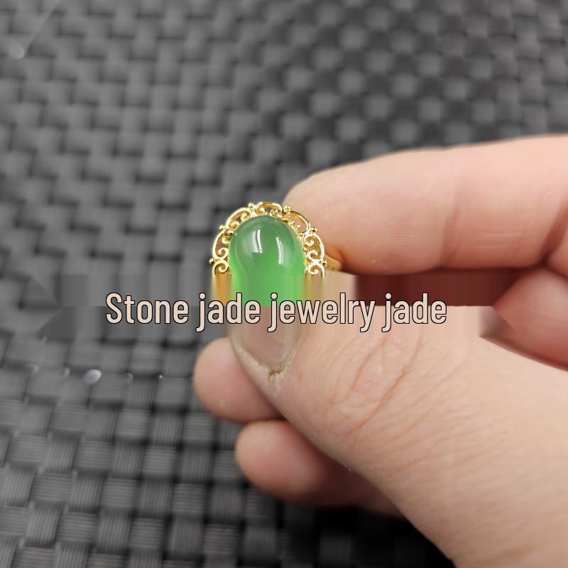 Ice Green Chalcedony Jade Heart Ring - Adjustable with Emerald Agate.