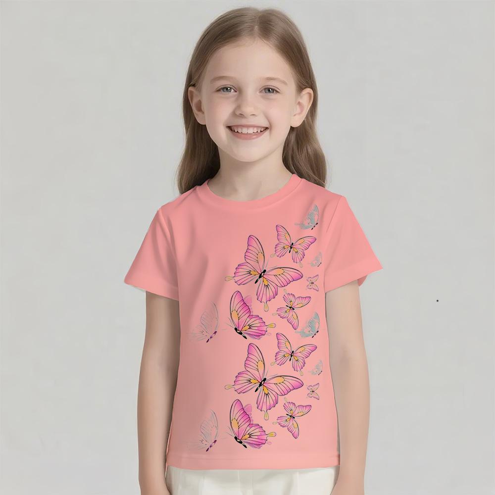 Children's T-shirt Short Sleeved T-shirt Gradient Butterfly Girl's Shirt Top T-shirt Children's T-shirt Round Neck Girl's Shirt
