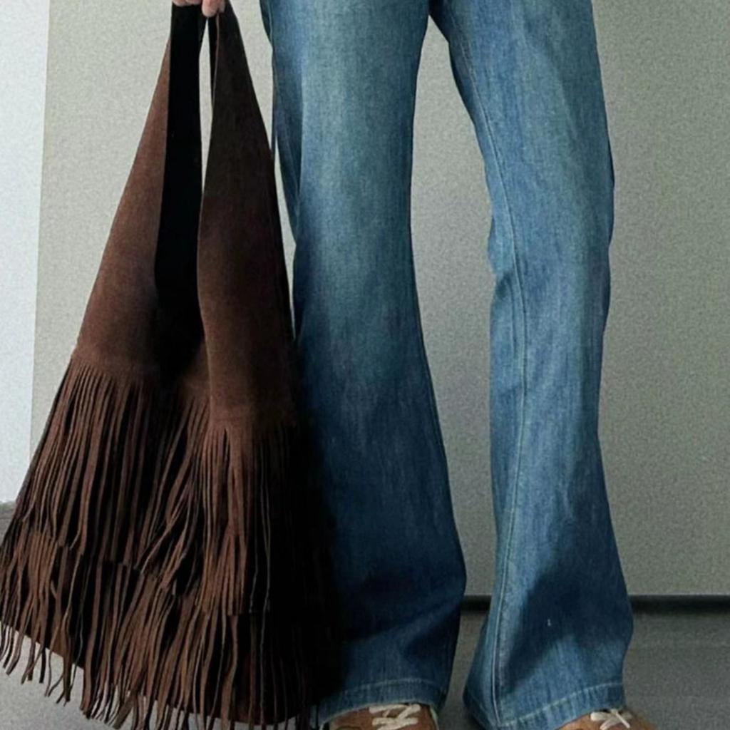 Retro Tassel Bag, Coffee Color Large-Capacity Tote Bag, High-Grade Textured Deerskin Velvet Shoulder Underarm Bag, Versatile Big Bag.