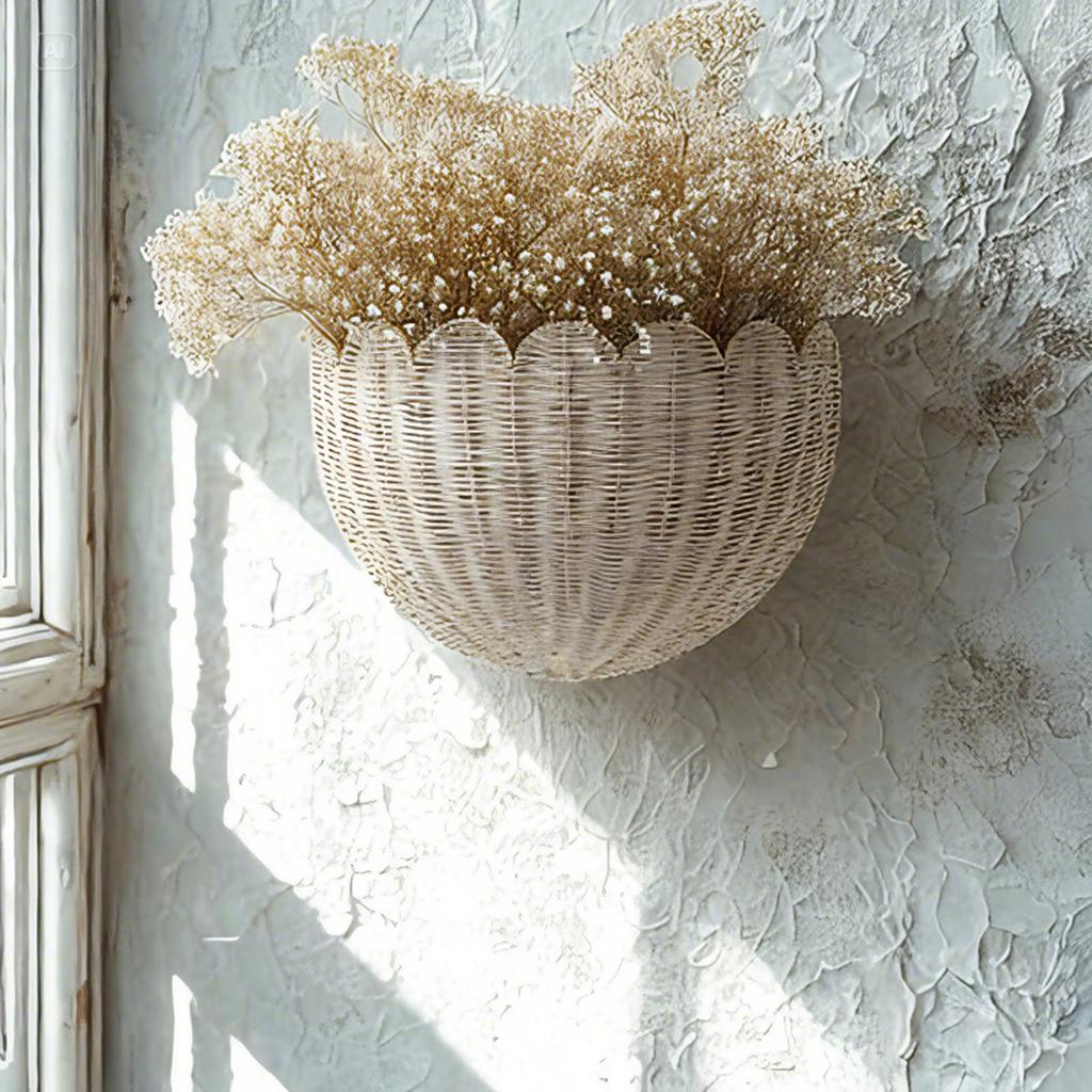 Handwoven Scalloped Basket Natural Rattan Hanging Decoration for Bedroom and Bathroom Wall Mounted Storage Solution