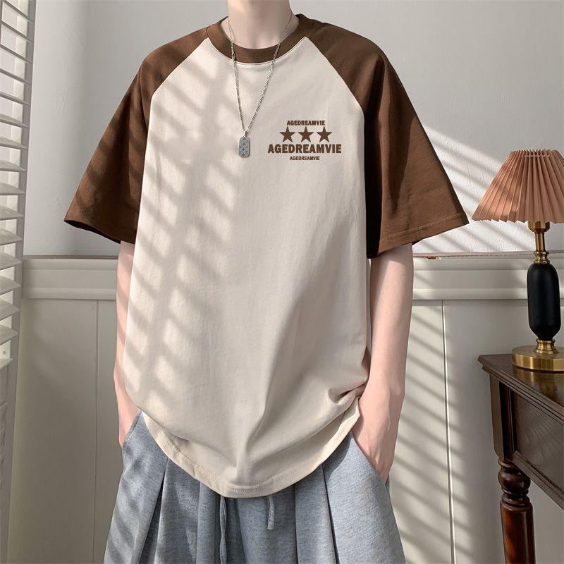Summer Contrasting Colors T-shirts Casual Printed Letter Men's Clothing American Retro Fashion Patchwork All-match Pullovers New