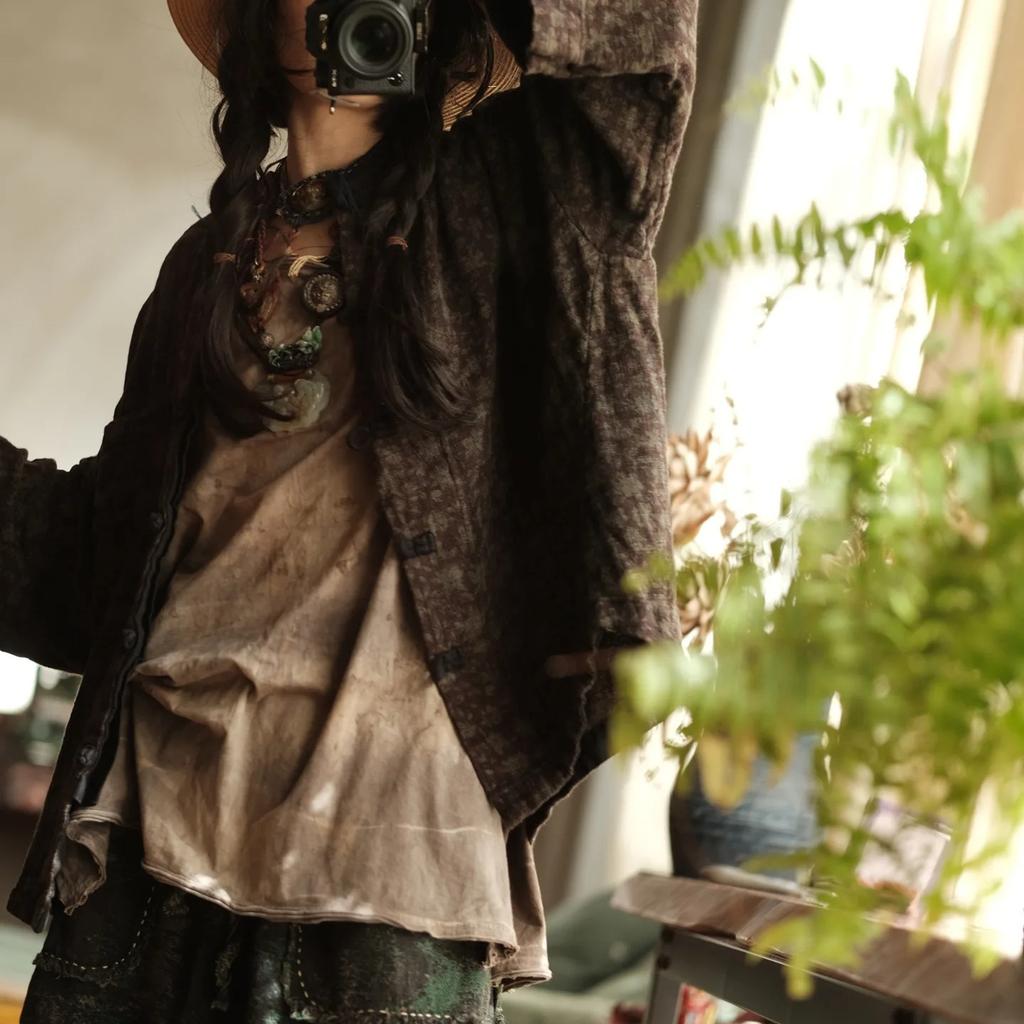 Johnature Women Vintage Winter Shirts Tops Thick O-Neck Long Sleeve Button Chinese Style Female Blouses