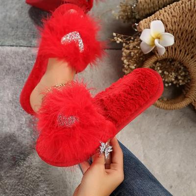 Sıcak Peluş Terlikler Kadın Kaydıraklar Düz Alçak Topuklu Kadın Ayakkabıları Kalp Parıltılı Kristal Platform Kabarık Kürk Terlik Ayakkabı
