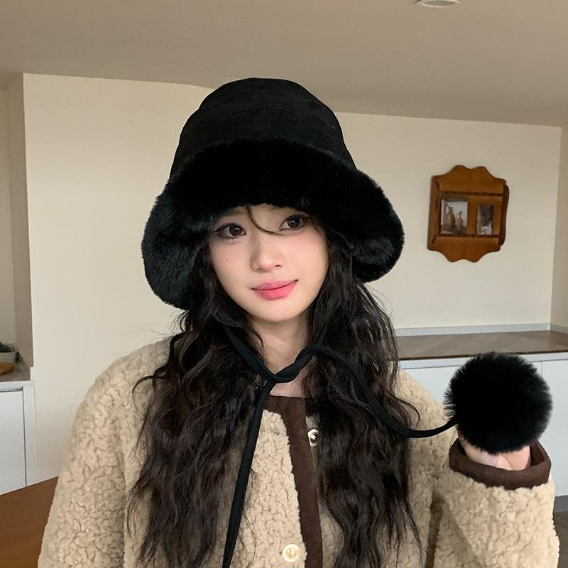 Cute Fur Ball Suede Fisherman Hat for Women In Autumn and Winter Thickened Velvet Warmth and Cold Protection Ear Protection Hat Plush Pot Hat