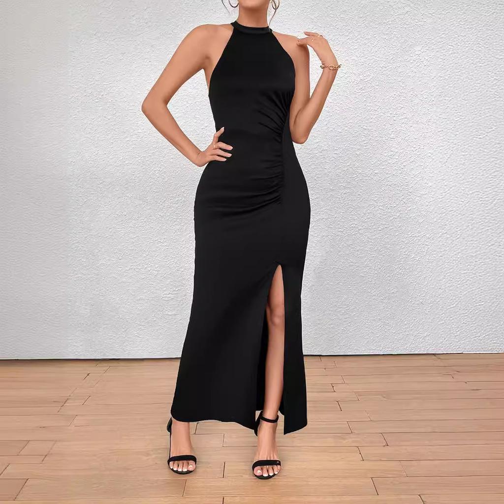 European and American Women's Clothing 2025 New Women's Sleeveless Split-ended Dress Pleated European and American Style Long Dress
