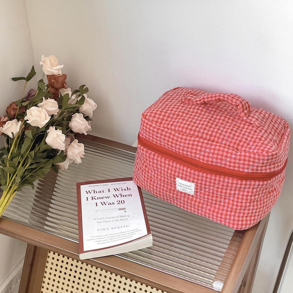 Berry Plaid Makeup Bag: Large Capacity, Portable Toiletry Organizer for Travel
