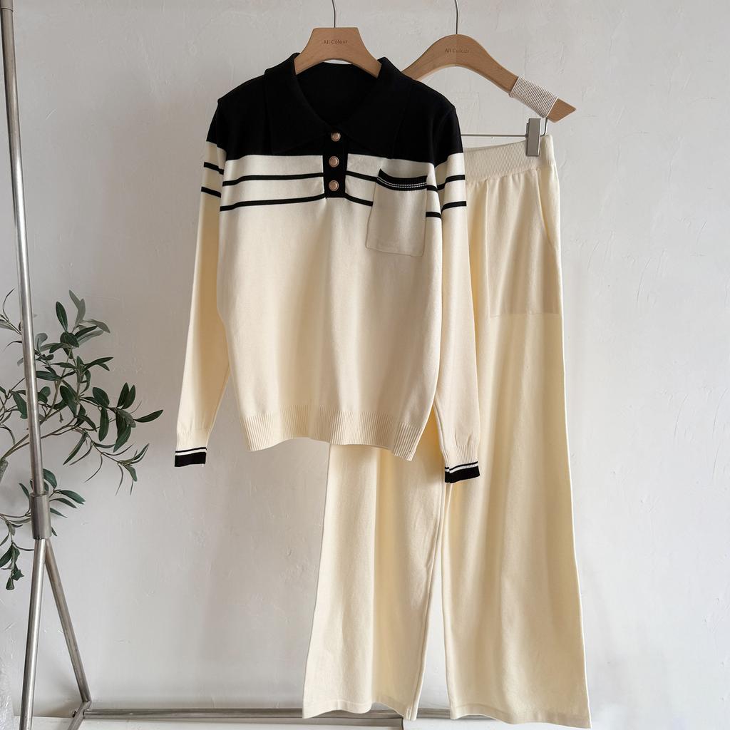 Striped Sweater Set Spring and Autumn 2025 New Loose Fashion Casual Wide-leg Pants Knitted Two-piece Set