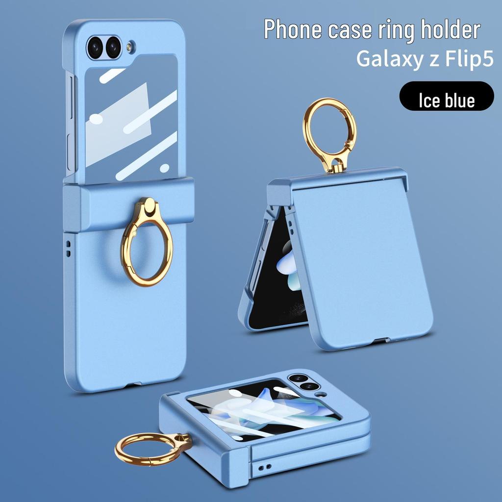 GKK Samsung Z Flip5 Full Coverage Frosted Case with Finger Ring Buckle & Small Folding Hinge.