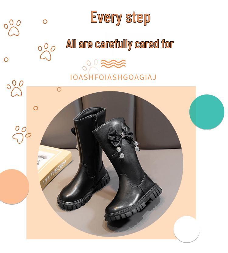 Girls' Bow Long Leather Boots - 2025 Autumn/Winter Stylish Princess Collection