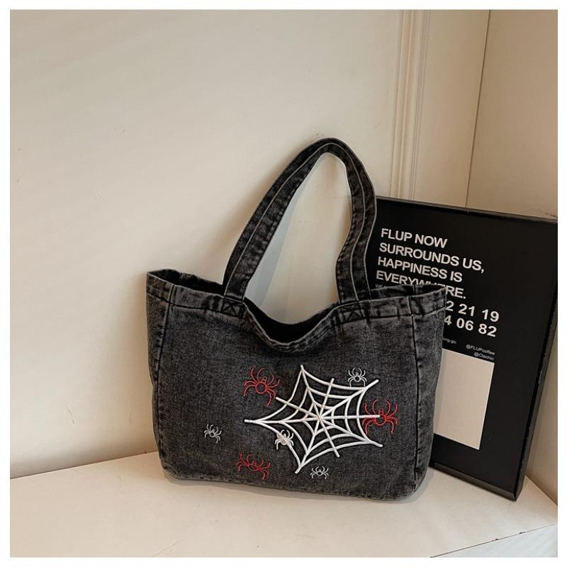 Hot Sale Spider Web Embroidered Denim Bags Women's Shoulder Bags Vintage Portable Commuter Tote Bags Canvas Bags