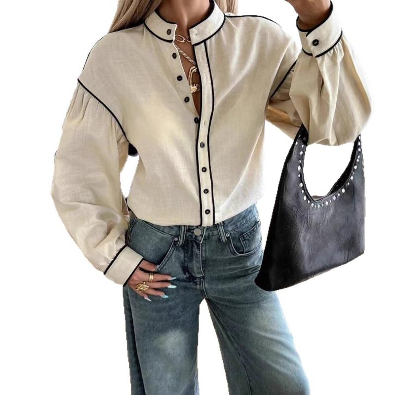 

Women s New Style French Elegant Style Stand Collar Contrast Color One-row Button Shirt with Black Striped Puff Sleeves XL білий