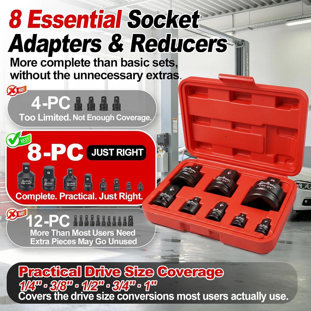 Socket Adapter Set, 8PCS Impact Socket Adapter and Reducer Set, Drive Adapter Set for 1/4 3/8 3/4 1 Inch Drive Sizes, Step Up and Step Down Adapter