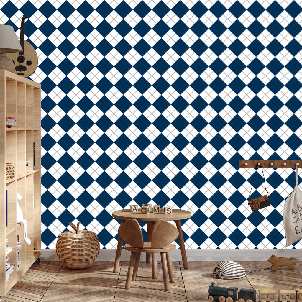 Basic Retro Checkered Wallpaper Navy Blue and White 50x1000