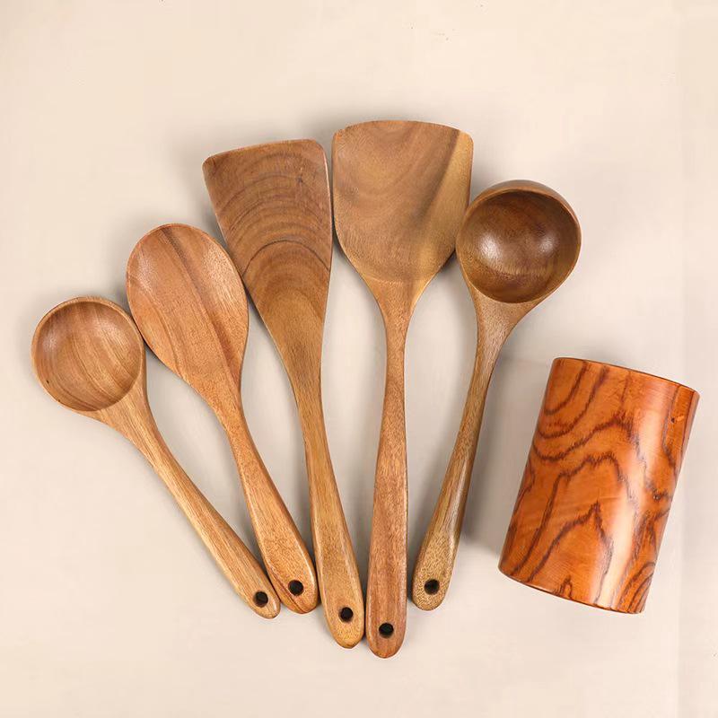 Teak 9-Piece Kitchen Set: Solid Wood Spatula, Spoon, Fork, Non-stick Pan, Acacia Wood Utensils, Long Handle Pot & Vegetable Spatula