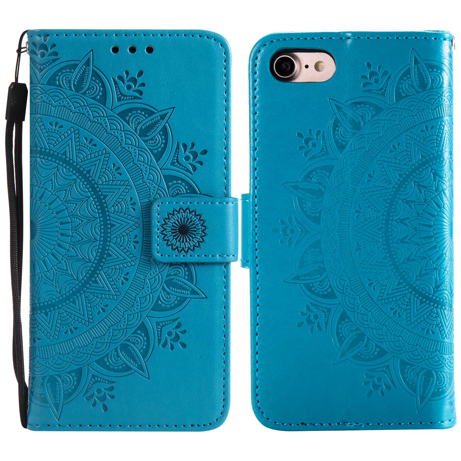 

For iPhone 16e Stand Case Imprinted Totem PU Leather Wallet Phone Cover Blue
