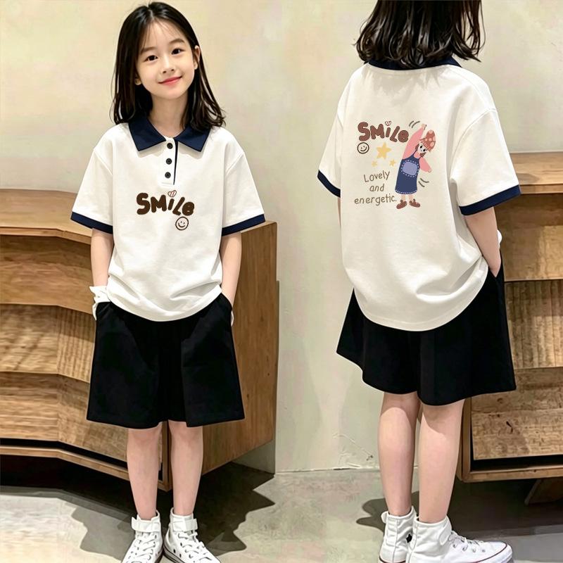 Korean Girls' Casual Loose Fit Short-Sleeve Polo T-Shirt Set - Summer Fashion Patchwork for Medium and Large Children