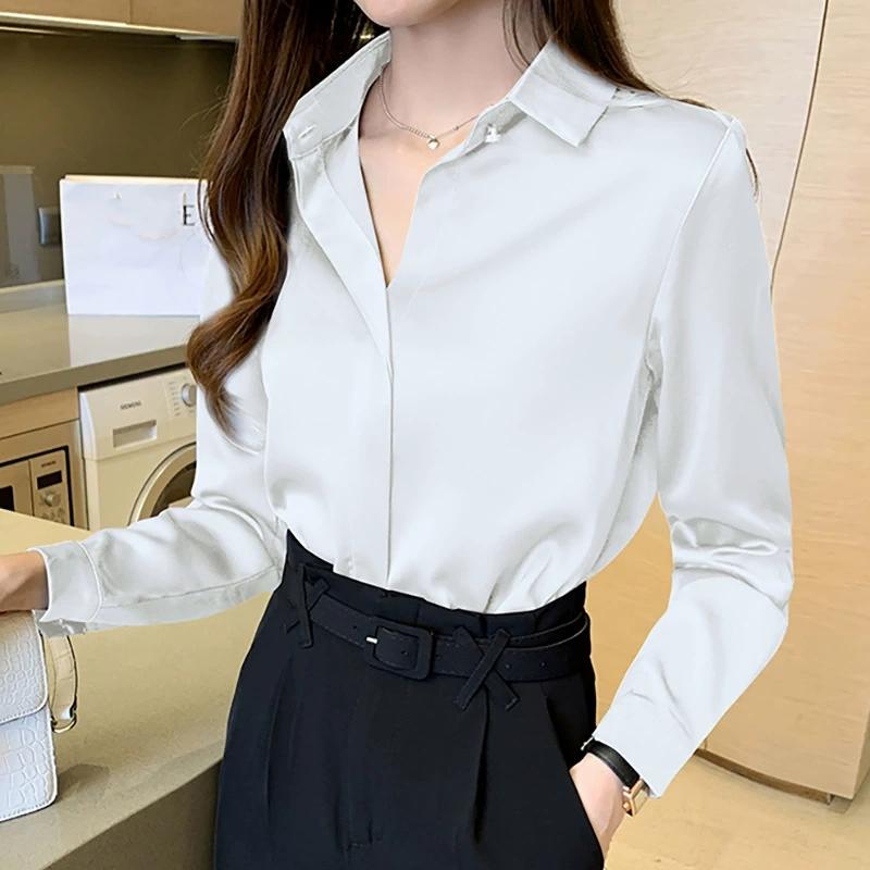 Simple Commuter Temperament Shirt Retro Hong Kong Style Long-sleeved Satin Women's Shirt Long-sleeved Elegant Blouse Commuter Shirt Spring Autumn