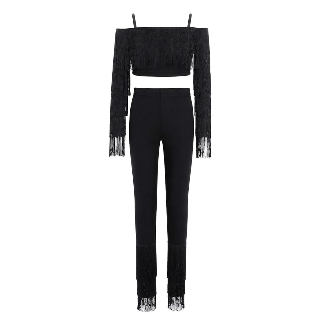 Mädchen Leopardenmuster Quasten Latein Tanz Outfit Langarm Crop Top Träger Verstellbare Hose