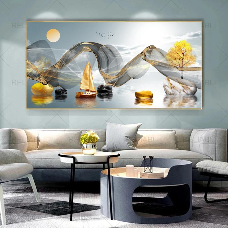 Modern Abstract Decorative Painting Deer Tree Ribbon Canvas Prints Wall Art Pictures for Living Room Light Luxury  Home Decor