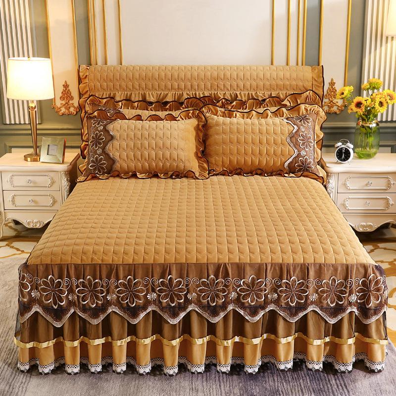 Winter Crystal Velvet Lace Bed Skirt Single Piece Thick Quilted Milk Fiber Bedspread Duvet Cover Bedding