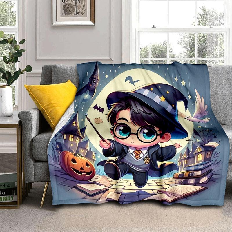 1pc Chibi Wizard with Pumpkin and Books Cartoon Blanket,Portable Throw for Travel & Camping, All Season Cozy Blanket,Ideal Gift