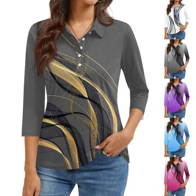Damenmode Lässig Revers Kurz 3/4 Ärmel Print Hemd Damen Knopfleiste Oberteile