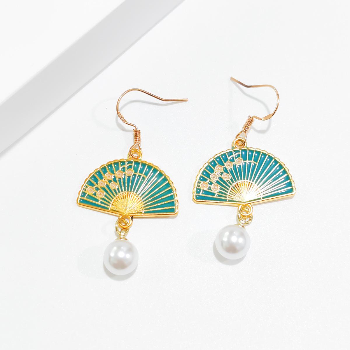 Ethnic Chinese Pearl Pendant Earrings for Women Retro Style Traditional Wedding Jewelry Flower Fan Shaped Tassel Creative Gifts