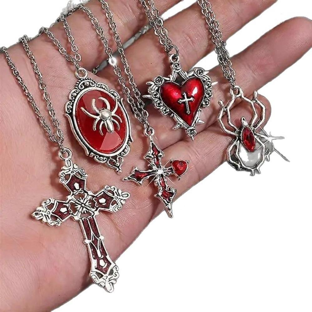 5pcs Set Punk Goth Red Dripping Oil Heart-shaped Vampire Bat Spider Cross Pendant Necklace for Men Women Halloween Party Jewelry