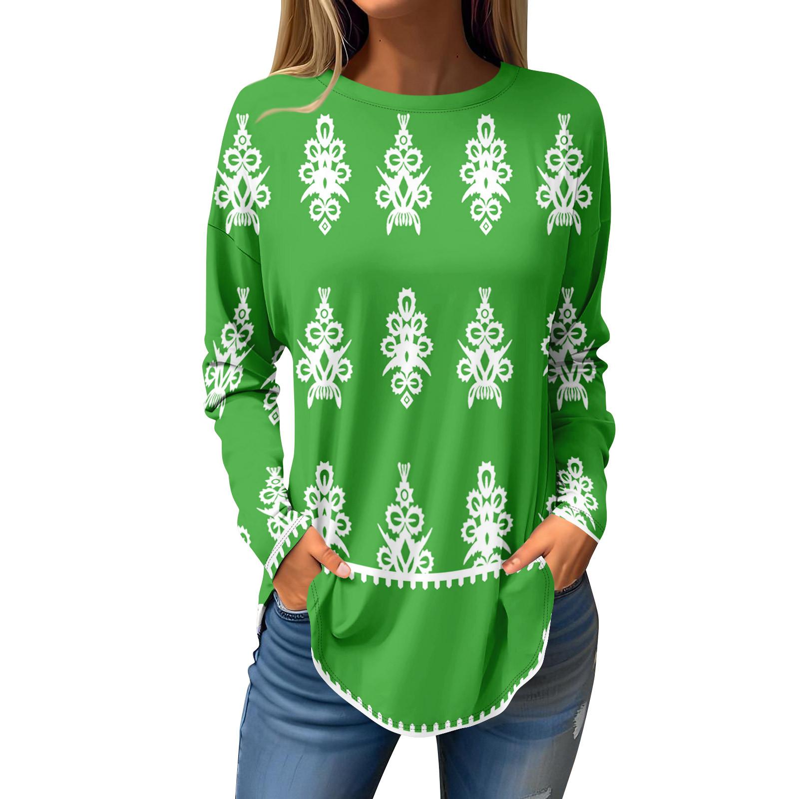 

Tee Shirts For Women Fall Casual Long Sleeve Shirts Sweatshirt Christmas Printing Top Pullover XXL зелёный