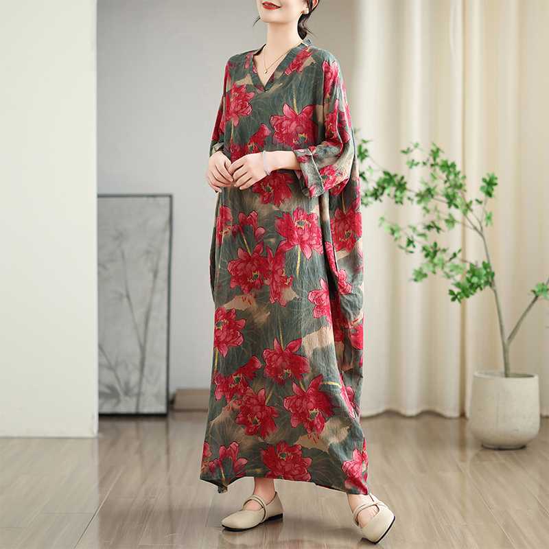 

Настоящая Ранняя Осень Новый Цвет Праздничный Стиль Путешествия V-образный вырез Ретро Длинное Платье Прикрывающее Мясо Хлопково-Льняное Платье One size