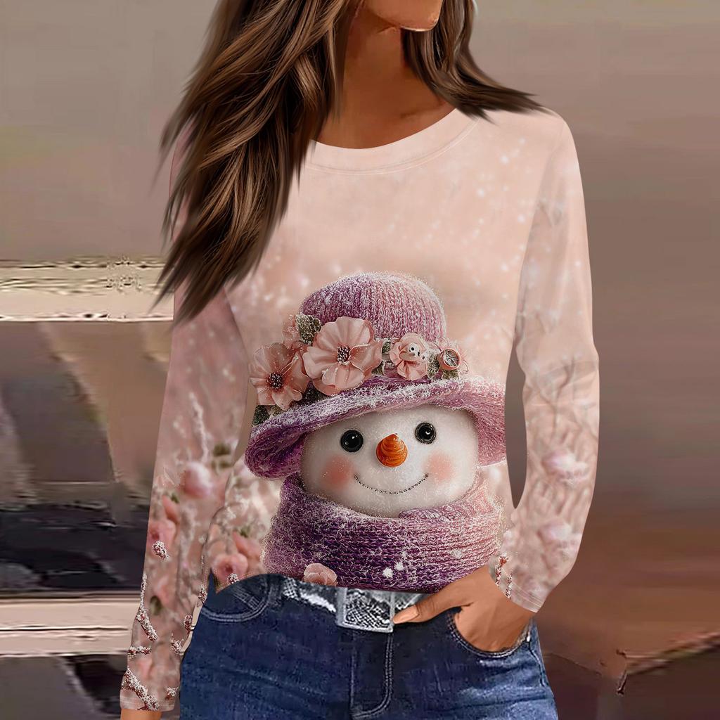 Women's Fashion Casual Slit Hem Round Neck Long Sleeve Loose Printed T-Shirt Ladies Top Christmas