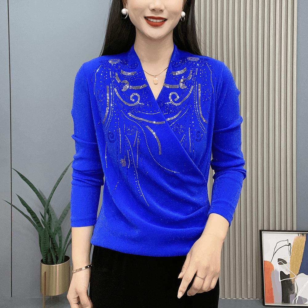Autumn/Winter Cross-Neck Rhinestone Phoenix Long-Sleeve Base Layer Shirt